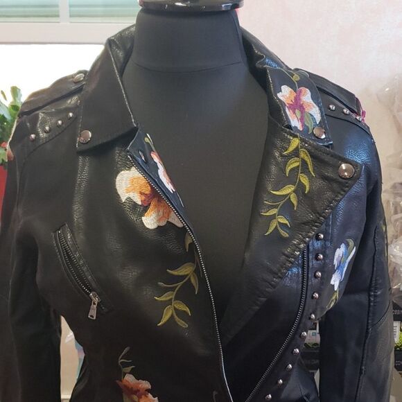 Leather Floral/accented Faux leather Moto Jacket sz L 8-10 XXL 14-16 - Picture 4 of 16